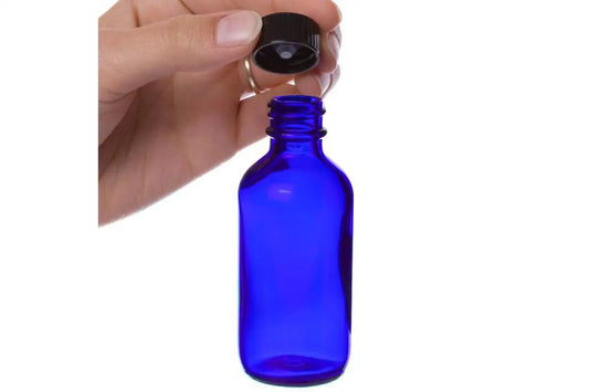 2 oz. Blue Glass Bottle with Black Cap